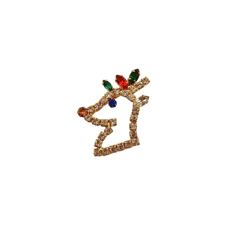 Rudolph the Red Nosed Reindeer Rhinestone Pin Brooch Christmas Gold Tone